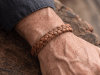Tan Brown Braided Italian Leather Bracelet with Matt Black Stainless Steel Magnetic Clasp + Extender Link - Karoo Earth