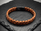 Tan Brown Braided Italian Leather Bracelet with Matt Black Stainless Steel Magnetic Clasp + Extender Link - Karoo Earth