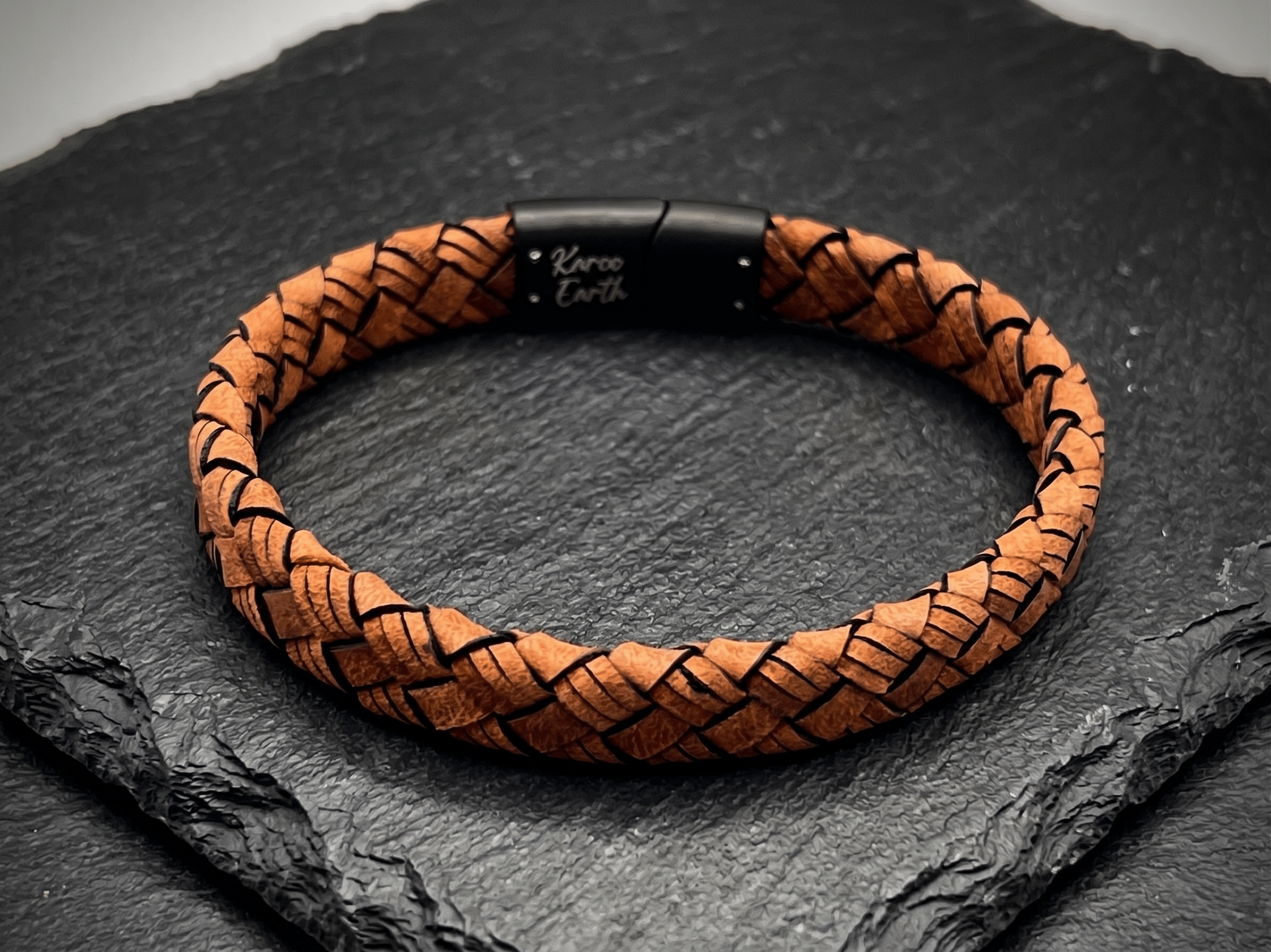 Tan Brown Braided Italian Leather Bracelet with Matt Black Stainless Steel Magnetic Clasp + Extender Link - Karoo Earth