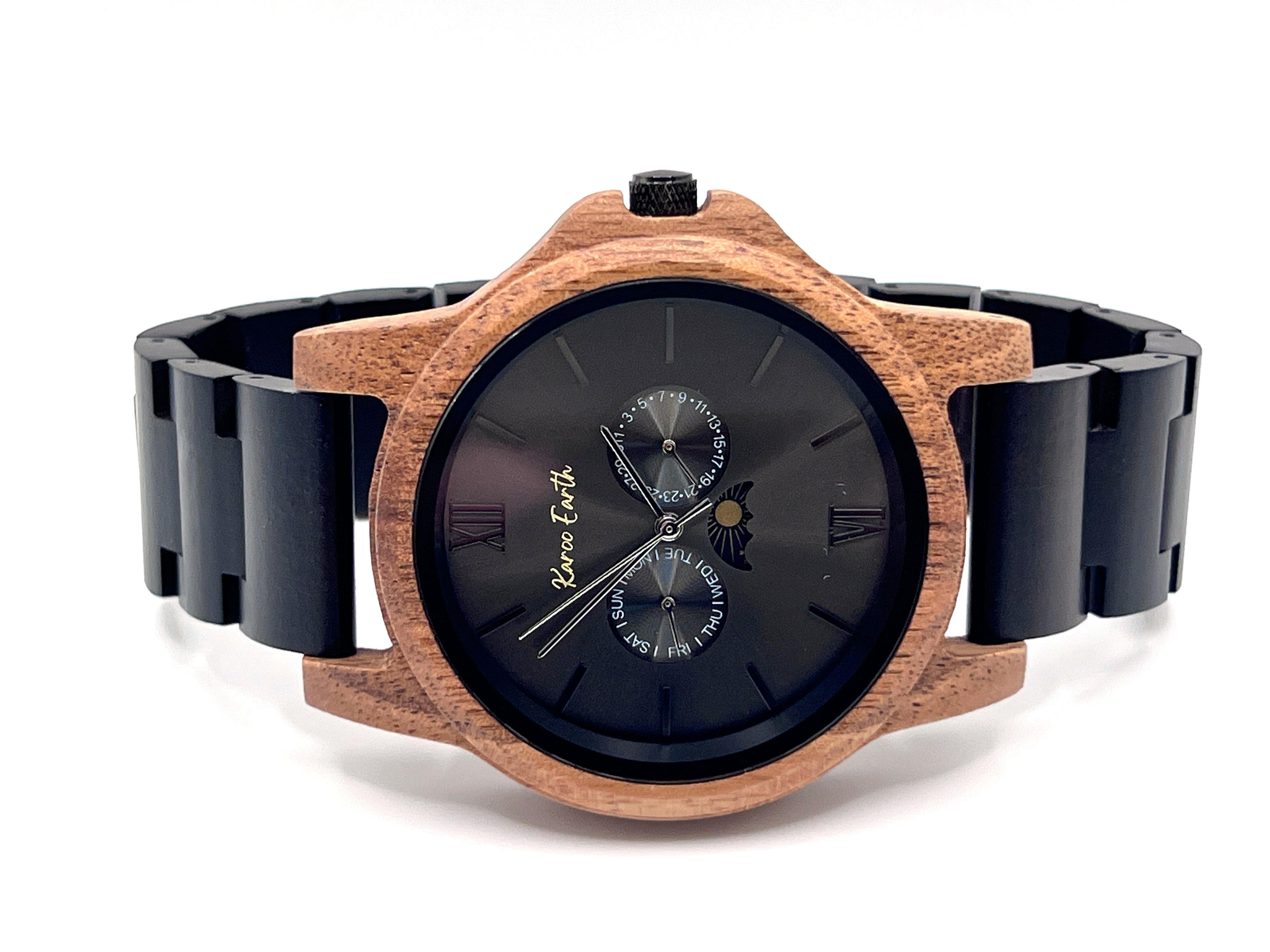 The Ebony & Walnut Moon Phase Karoo Earth Chronograph Wooden Watch - Karoo Earth