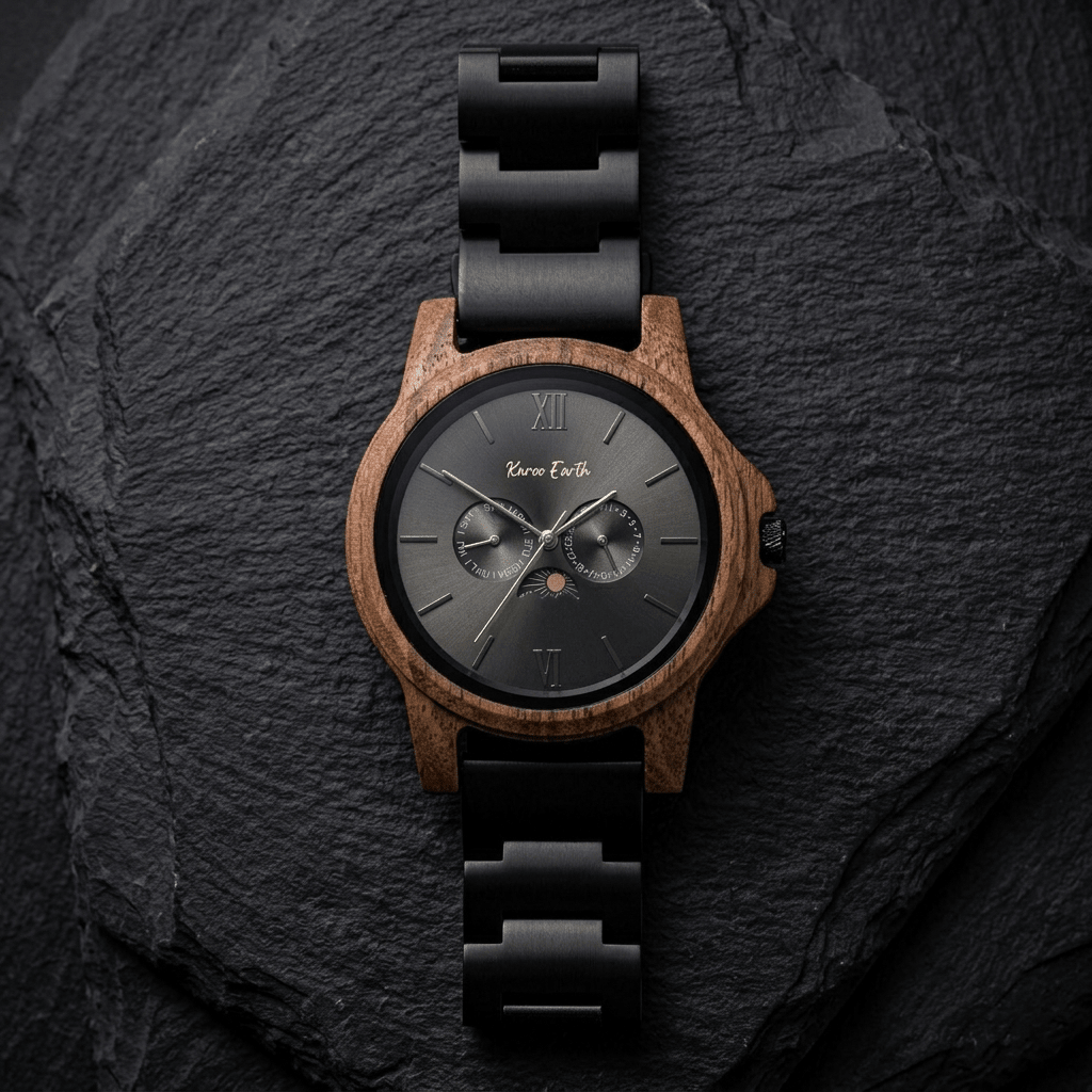The Ebony & Walnut Moon Phase Karoo Earth Chronograph Wooden Watch - Karoo Earth