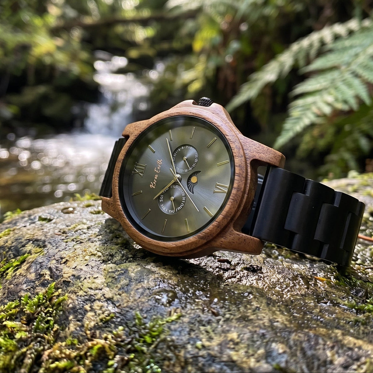 The Ebony & Walnut Moon Phase Karoo Earth Chronograph Wooden Watch - Karoo Earth