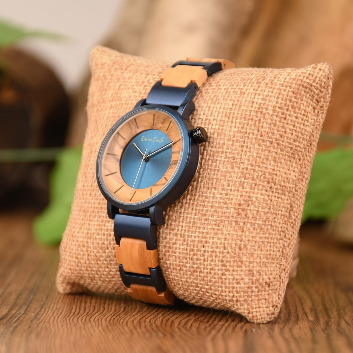 The Ladies Olive Wood and Blue Steel Men's Quartz Watch - Karoo Earth