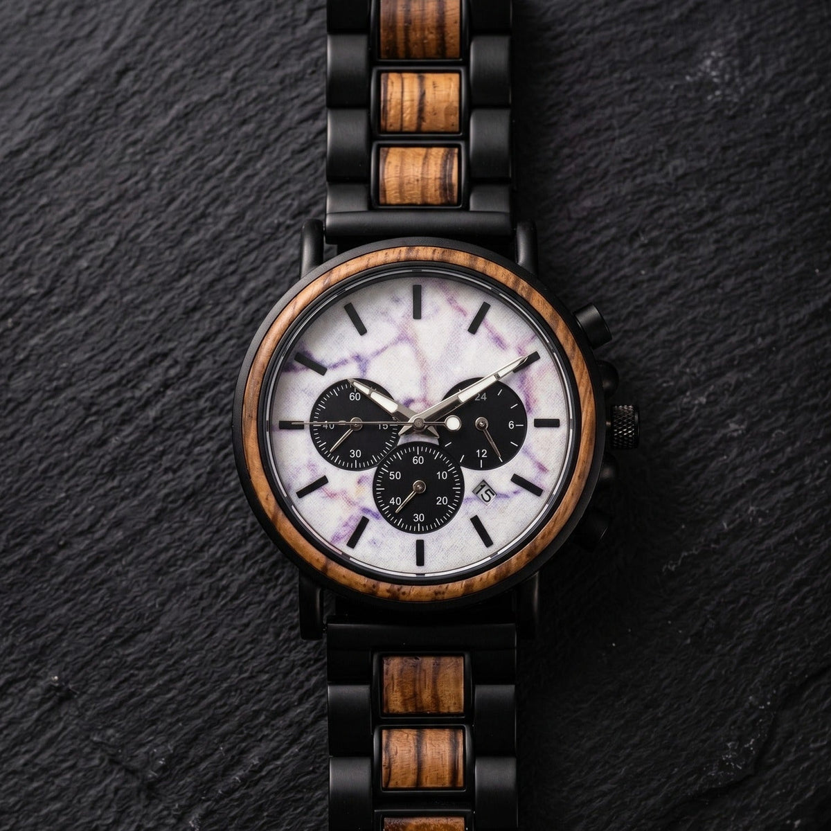 The Marble and Zebra Wood Karoo Earth Chronograph Wooden Watch - Karoo Earth