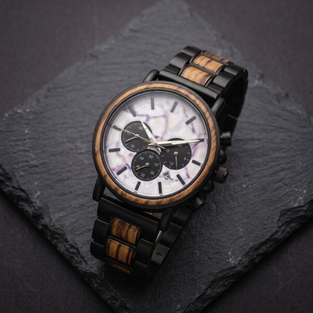 The Marble and Zebra Wood Karoo Earth Chronograph Wooden Watch - Karoo Earth