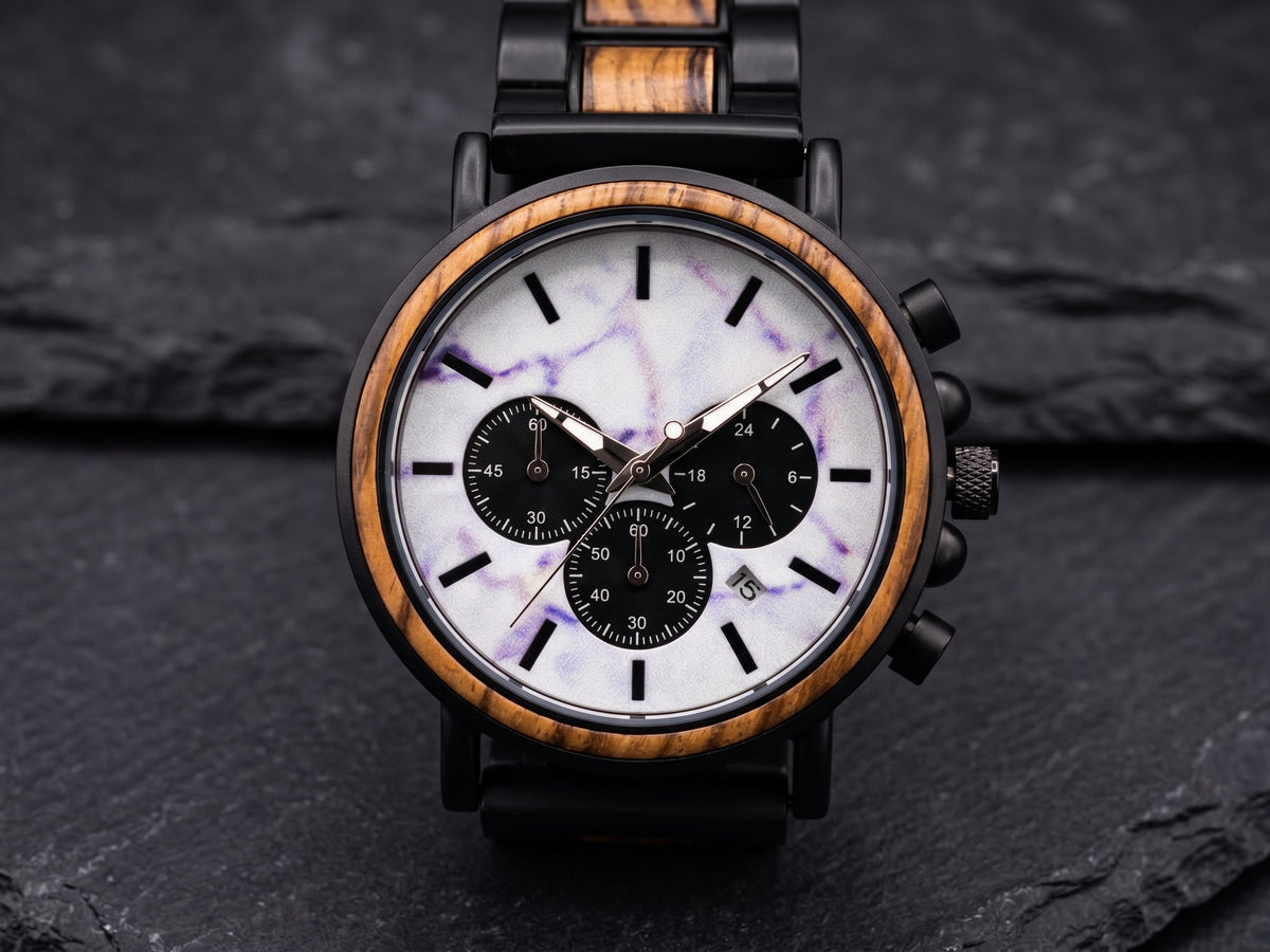 The Marble and Zebra Wood Karoo Earth Chronograph Wooden Watch - Karoo Earth