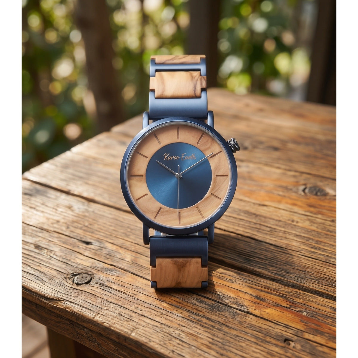 The Men's Olive Wood and Blue Steel Men's Quartz Watch - Karoo Earth