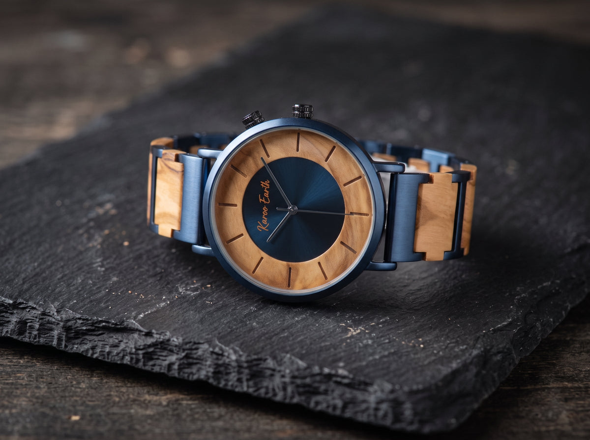The Olive Wood and Blue Steel Men's Quartz Watch - Karoo Earth