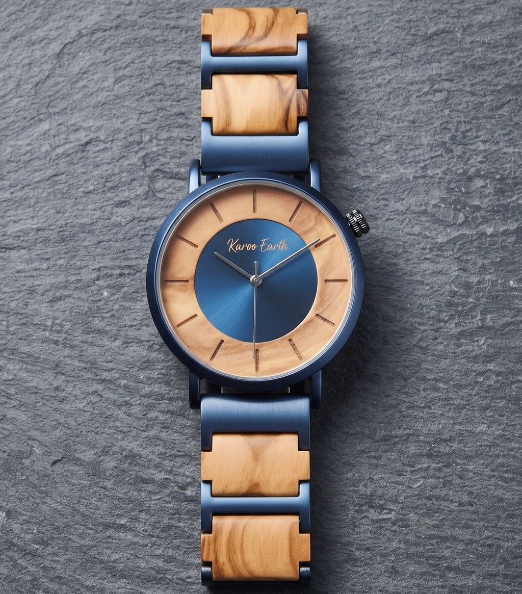 The Olive Wood and Blue Steel Men's Quartz Watch - Karoo Earth