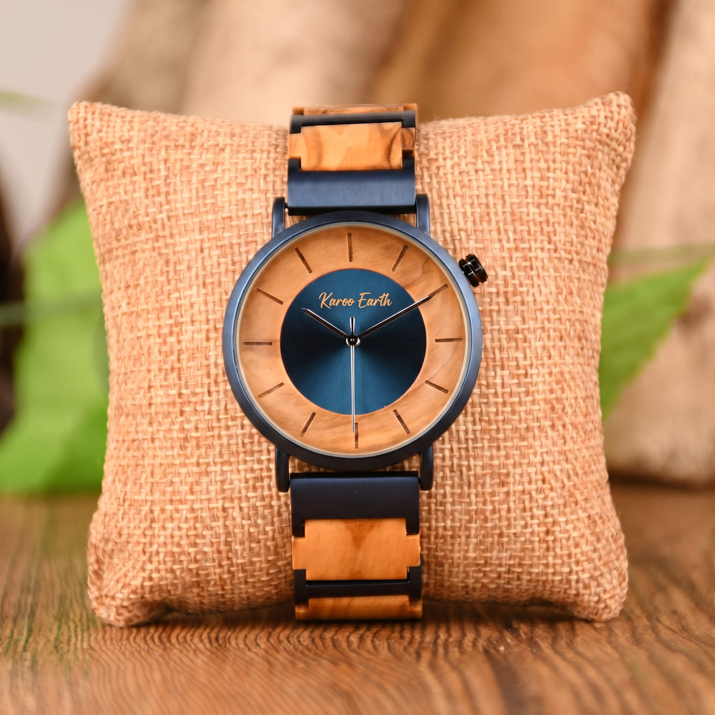 The Olive Wood and Blue Steel Men's Quartz Watch - Karoo Earth