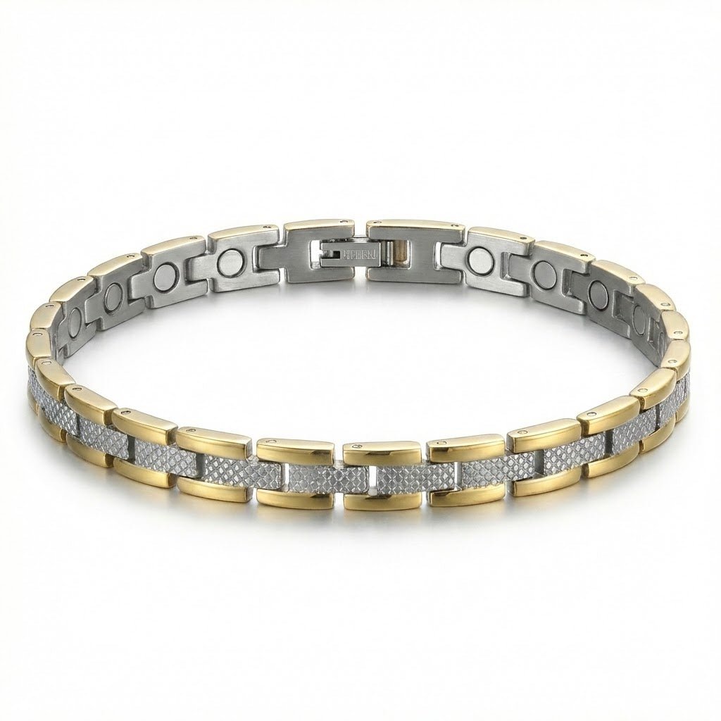 Thin Line Stainless Steel Link Magnetic Bracelet with Gold Accent - Karoo Earth
