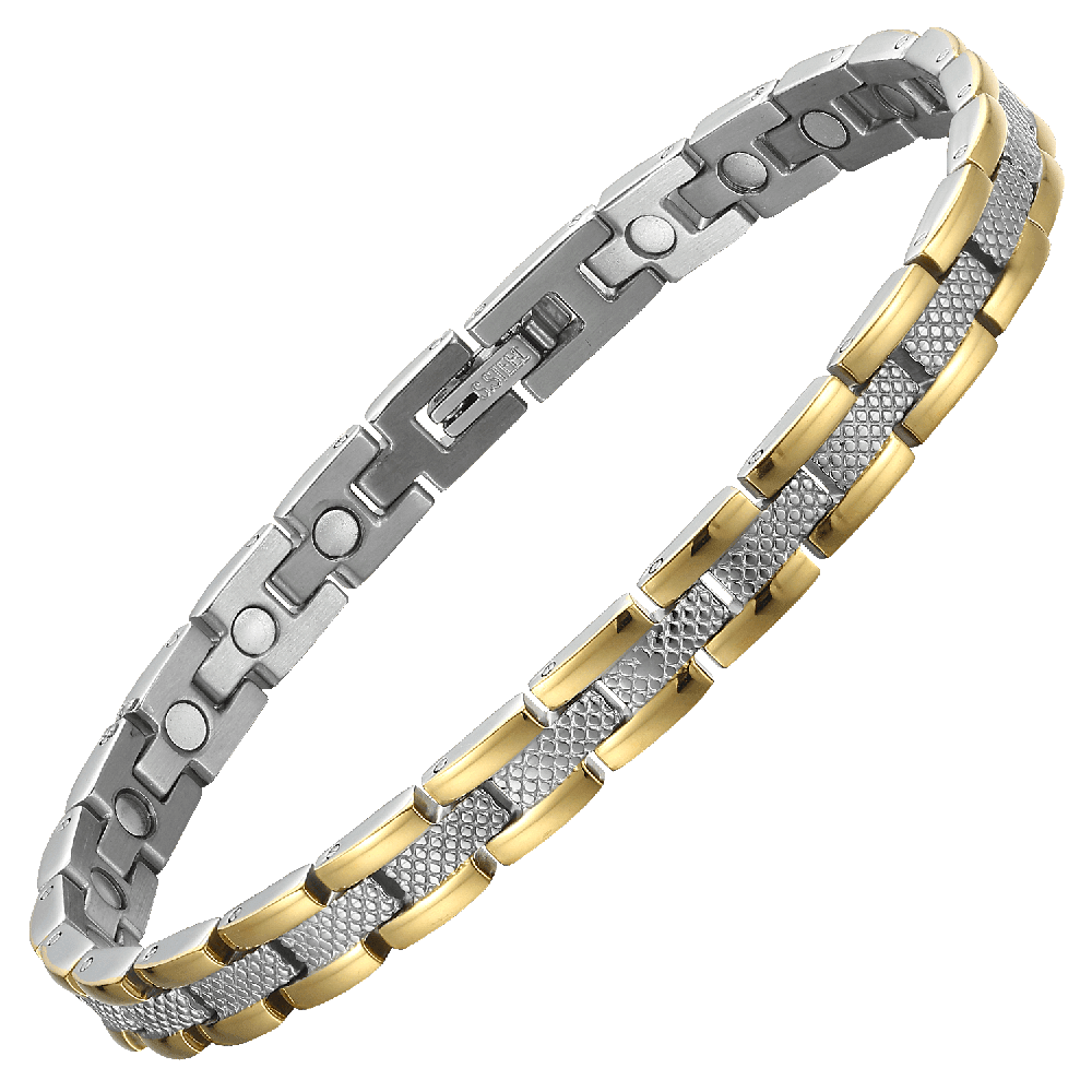 Thin Line Stainless Steel Link Magnetic Bracelet with Gold Accent - Karoo Earth
