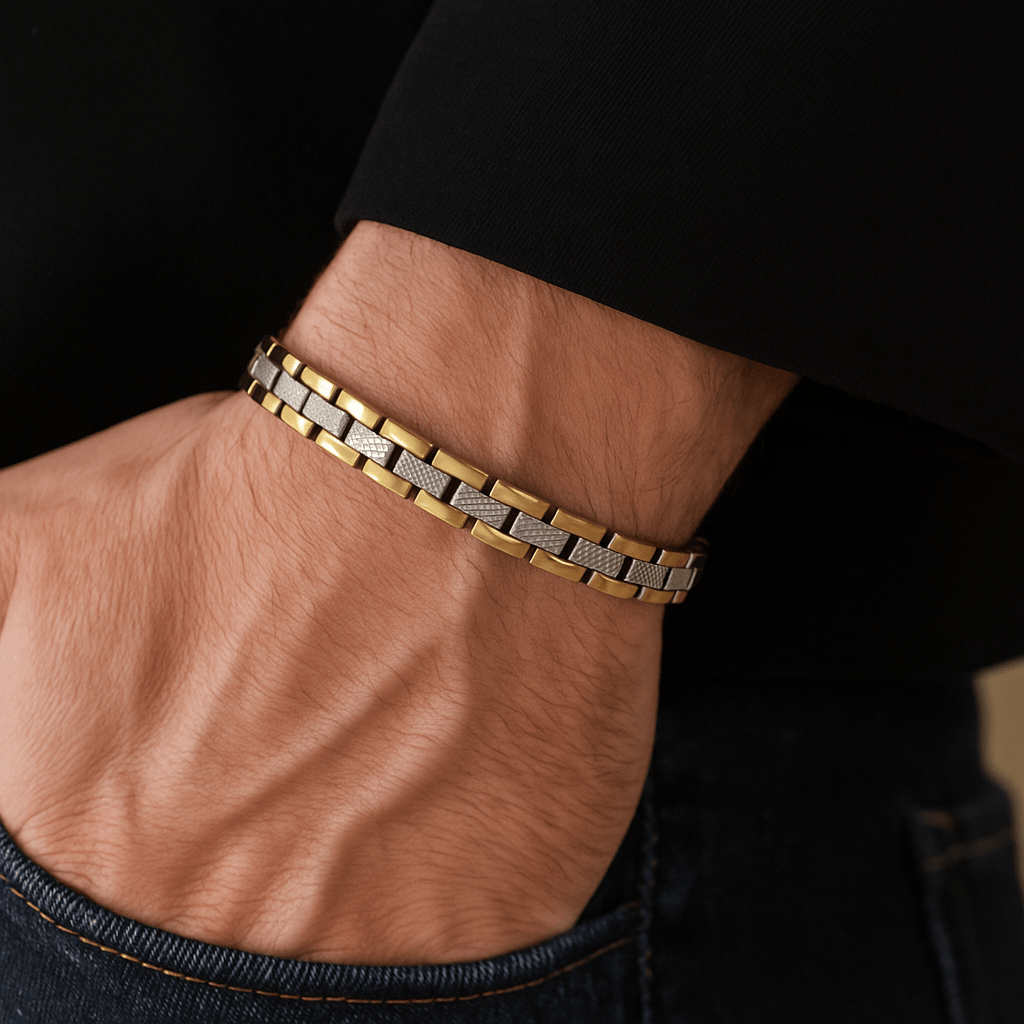 Thin Line Stainless Steel Link Magnetic Bracelet with Gold Accent - Karoo Earth