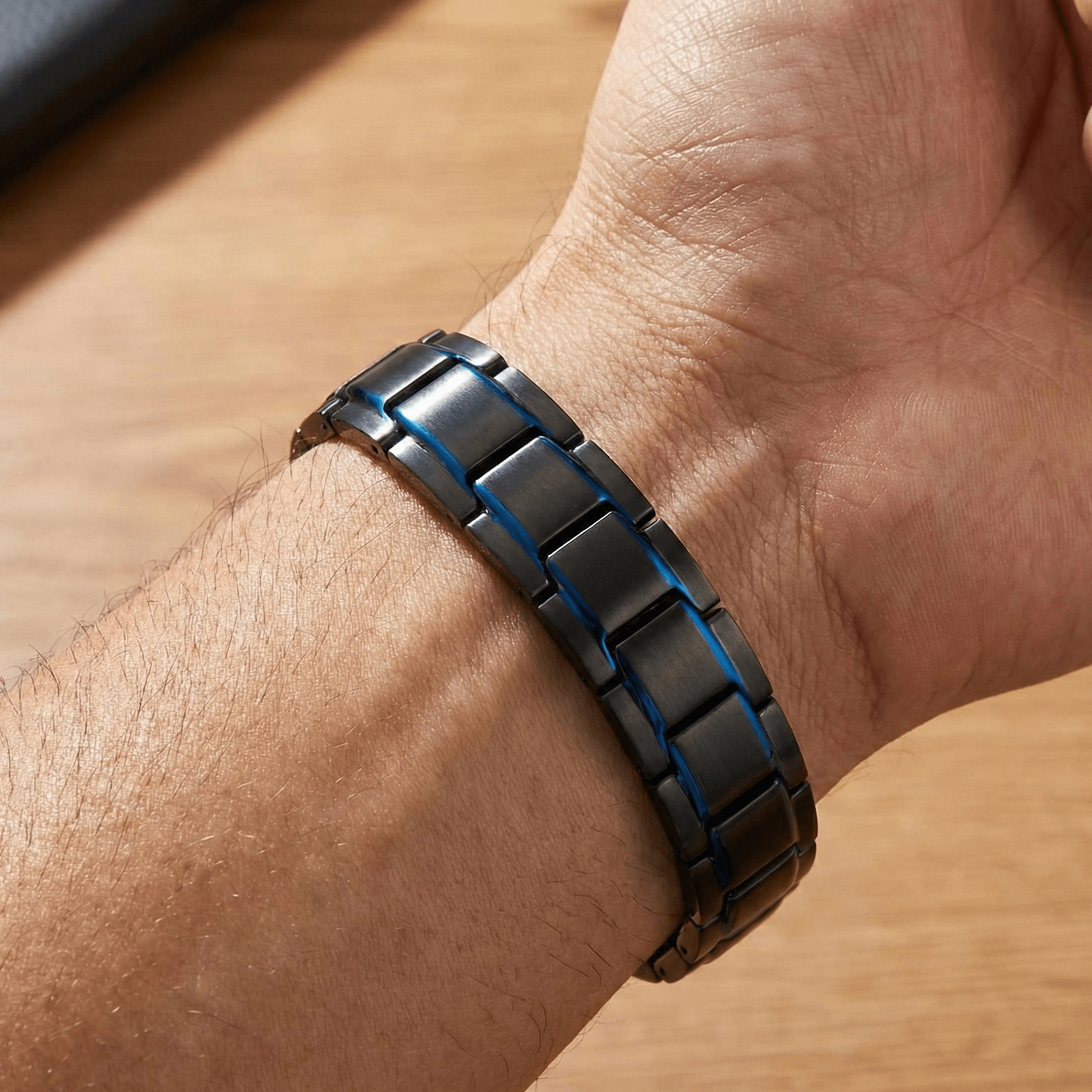 Titanium Steel Link Magnetic Bracelet with Blue Accent - Karoo Earth