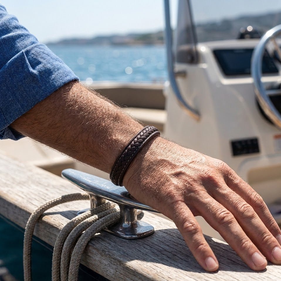 White Stitch Braided Brown Leather Bracelet - Karoo Earth